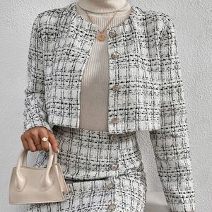Plaid Pattern Crop Tweed Jacket & Button Front Skirt
